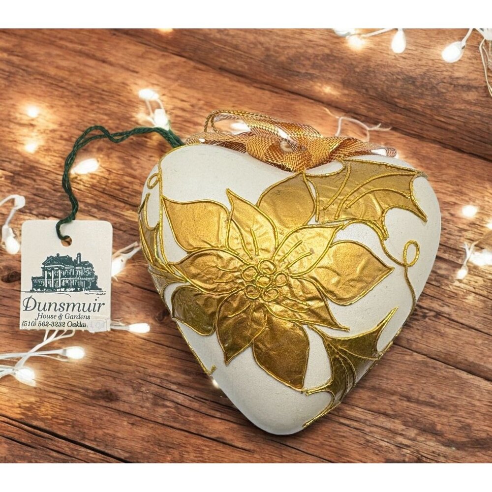 Vintage Heart Shaped Gold Poinsettia Christmas Ornament Embossed Dunsmuir House